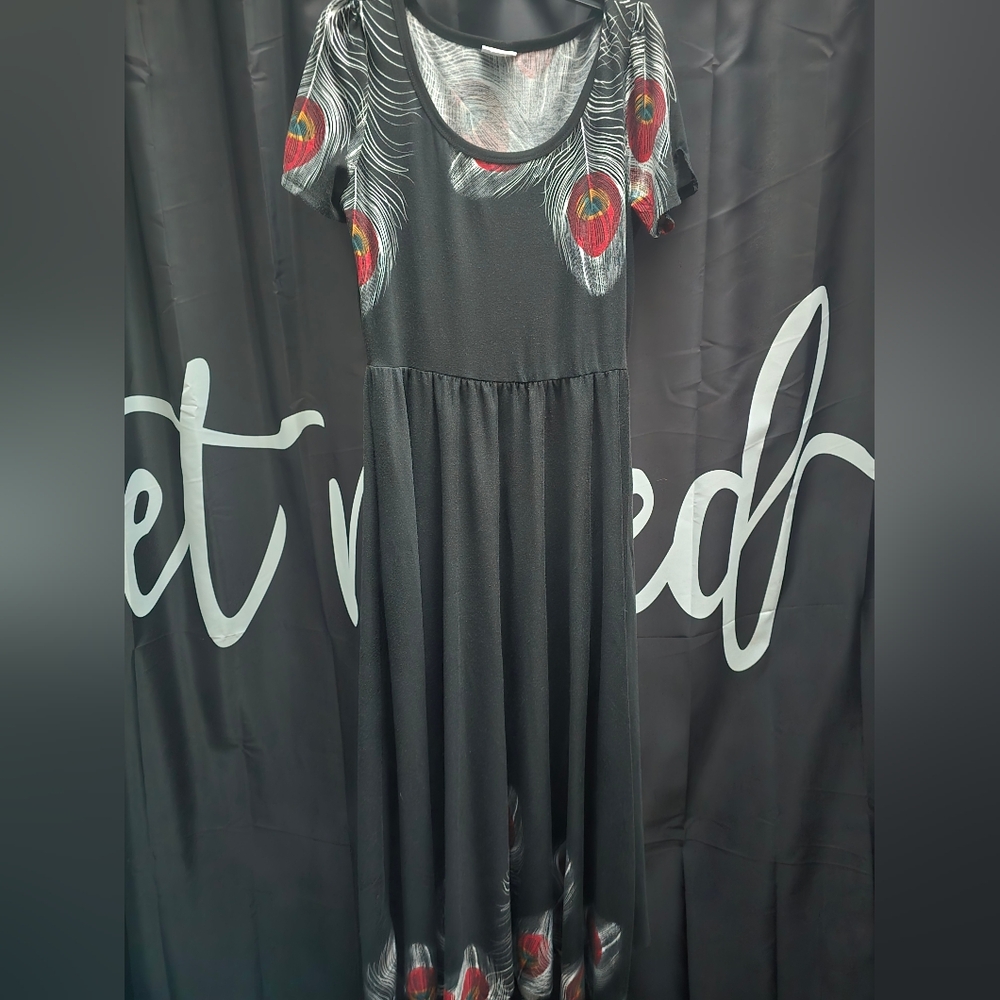 Lularoe Black Dress with Peacock Feather Design